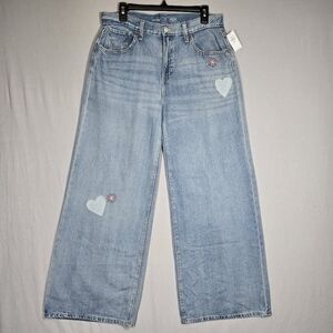 New Old Navy Girls 18 Plus Super Baggy Wide Leg Jeans Embroidered & Patch